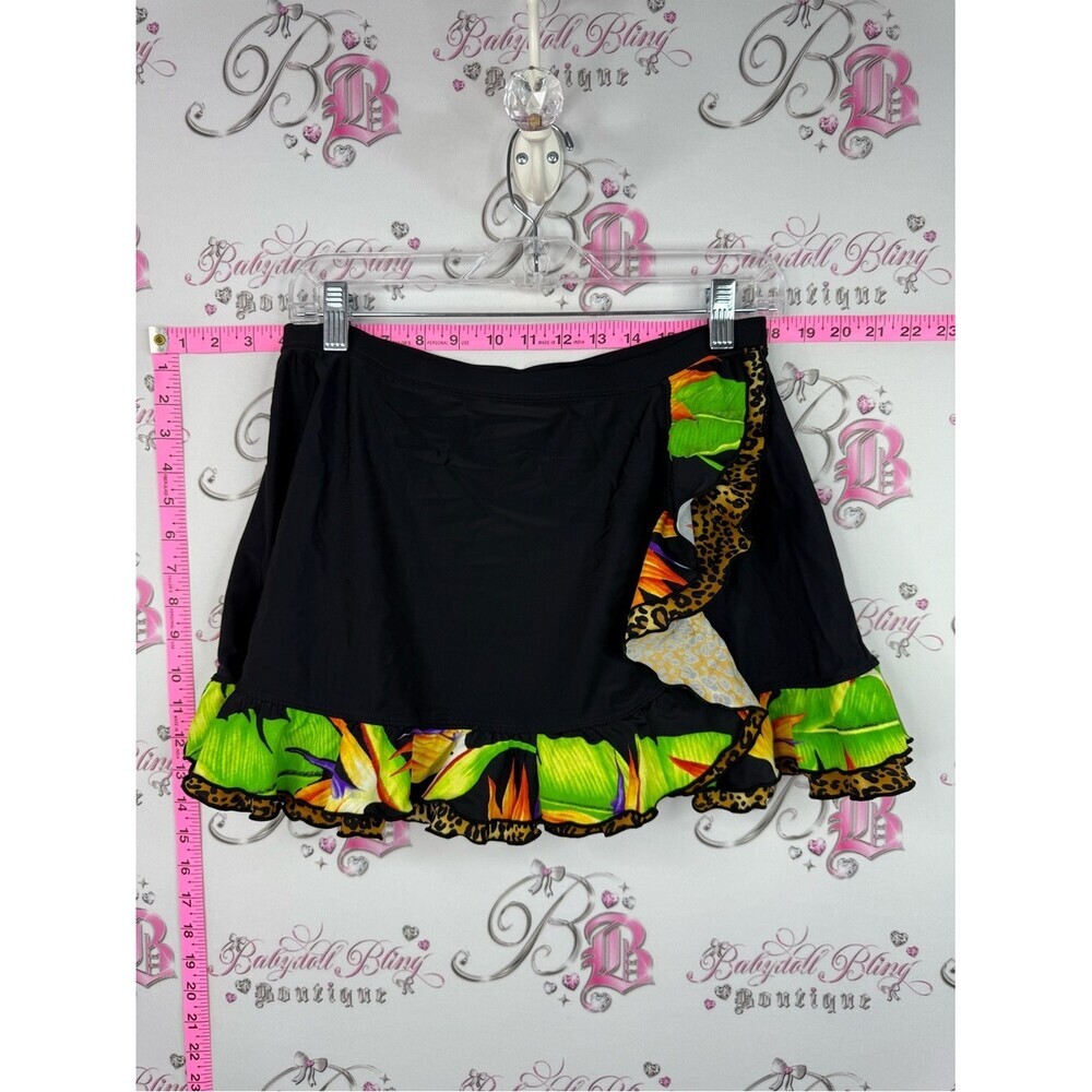 Mini skirt bathing suit y2k Women's Black Skirt with Tropical Green Ruffle Trim